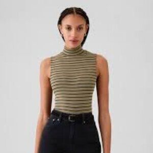 GAP Modern Mockneck Tank Top, Khaki Tan and Black Stripe, Size S